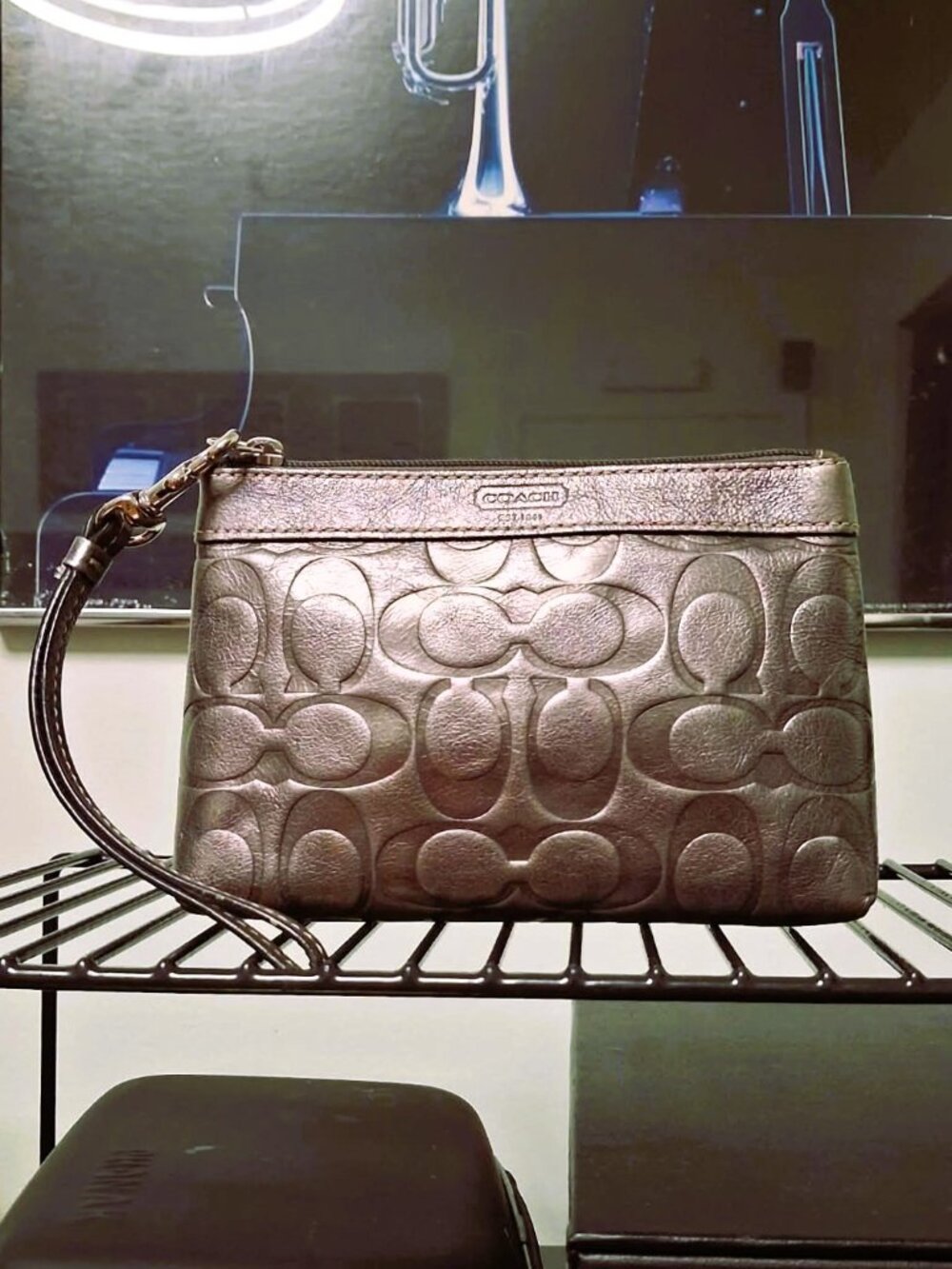 Coach Vintage Metallic Silver Genuine Leather Signature Embossed Wristlet Wallet